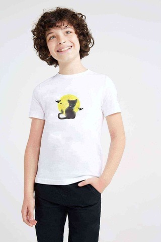 Tshirthane Cat On The Moon Baskılı Unisex Çocuk Beyaz T-Shirt