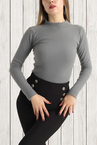 Aslındalook Kadın Fitilli Triko Esnek Uzun Kol Body Bluz Bady Füme