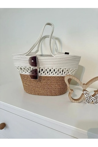 Doğal Hasır Jüt El Örmesi Bayan Çanta-bej Beyaz Trikotlu Bej