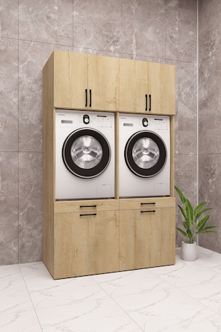 Mdf Çamaşır Makinesi Ve Kurutma Makinesi Dolabı Çift Sepetli Ahşap Lefkas Meşe