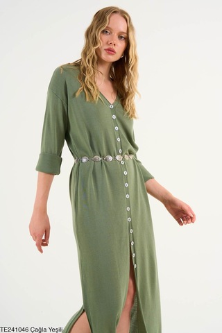 Butik Belvita Düz Düğmeli Elbise Yeşil