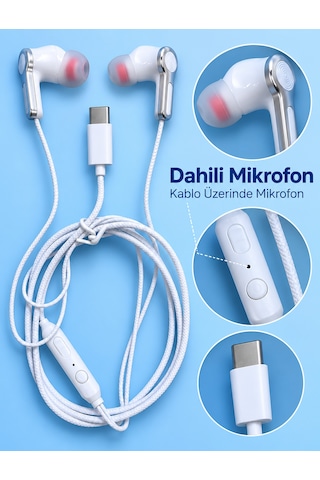 Type C Girişli Mikrofonlu Beyaz Kablolu Kulak İçi Kulaklık Aklby-bsva58