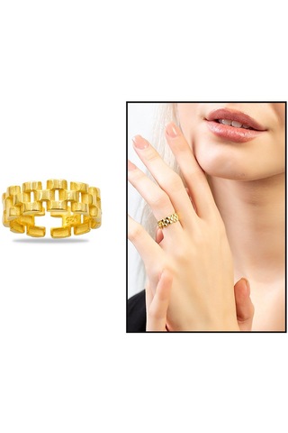 Zincir Tasarım Gold Renk Free Size 925 Ayar Gümüş Kadın Yüzük Sarı