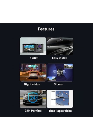 Wezone Üç Kameralı Araba Sürücü Kaydedici: Ön+arka+iç Mekan, 1080p+720p+480p, Sürekli Kayıt, Hareket Algılama, İç Kamerada Gece Görüşü Lambası