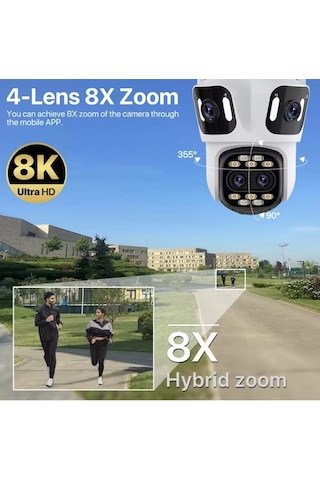 12mp 3k 4 Lensli Wifi Ptz Kamera 8x Zoom 360 Görüş Ip66 Gece Görüş Akıllı Güvenlik Kamera