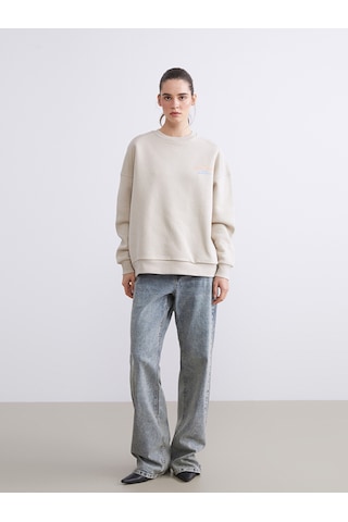Lcw Vision Bej Baskılı Oversize Kadın Kalın Sweatshirt