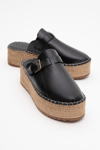 Luvishoes Novas Siyah Cilt Hakiki Deri Burnu Kapalı Hasır Dolgu Taban Terlik Siyah