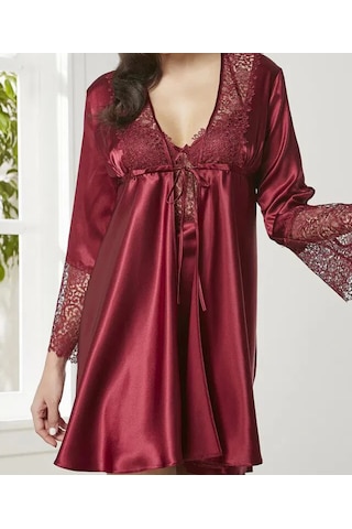 Pierre Cardin 6625 Saten Sabahlık Pijama Gecelik 6 Lı Takım Bordo