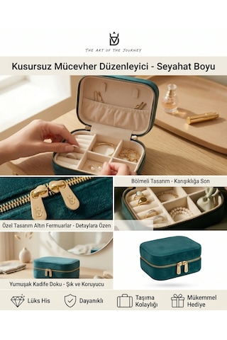 Takı Kutusu Düzenleyici Seyahat Çantası Kolye Yüzük Küpe Organizer Kadife Petrol Yeşili 12cmx8cm