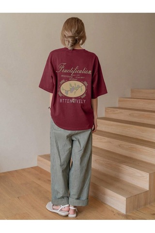 Flood Of Style Kadın Bordo Fructification Baskılı Oversize T-shirt