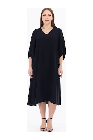 Galaxi Kadın Büyük Beden Midi Boy Truvakar Kol Elbise 1090 Siyah