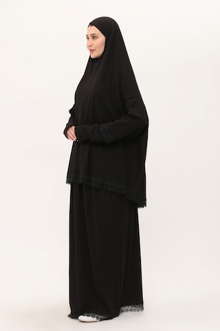 Siyah İki Parça Namaz Elbisesi Pamuk Kumaş Dantelli 2205 01 Siyah