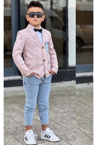 Riccotarz Erkek Çocuk Çizgili Blazer Ceket Kot Pantolon Pudra Şeker Alt Üst Takım Pembe