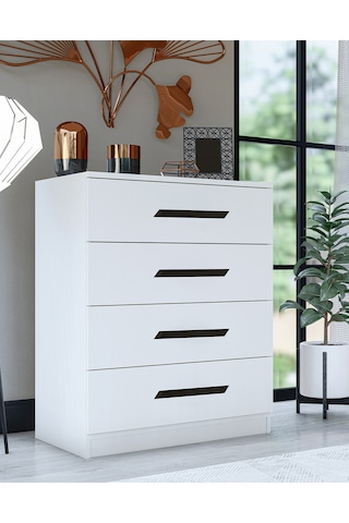 Gm 084 Almina 4 Çekmeceli Siyah Kulplu Beyaz Şifonyer