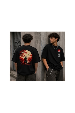 Qmen Style Unisex Siyah Oversize Baskılı T-shirt Japon %100 Pamuk