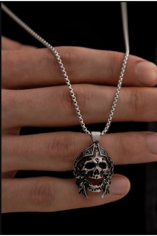 Osmanlı Gümüş Savaşçı Kuru Kafa Figürlü Erkek Çelik Kolye