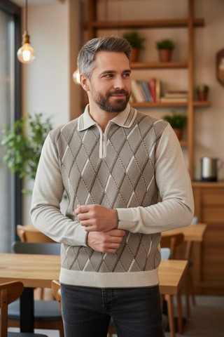 Kamalı Erkek Krem Tüylenme Yapmayan Anti Pilling Kumaş Standart Fit Normal Kesim Polo Yaka Triko Kazak Taş