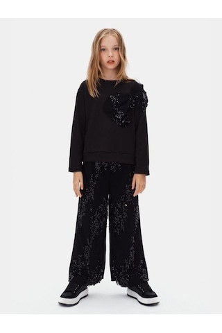 Kız Çocuk Dalgıç Kumaş Pullu Sweatshirt-16128 Siyah