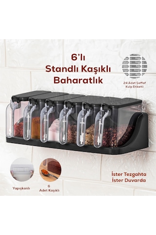 Porsima 1183 Standlı Kaşıklı Kapaklı Baharatlık Seti 6 'lı Siyah