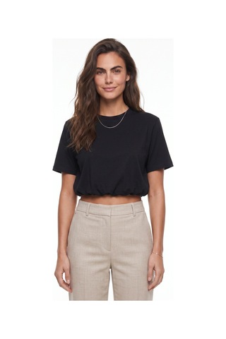 Onloox Kadın Siyah Siyah Viskon Karışımlı Bisiklet Yaka Kısa Kollu Balon Form Beli Lastikli Crop T-shirt