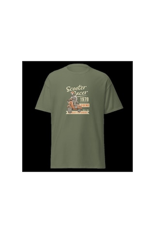 Wildstyle Scooter Racer 1978 Vintage Motosiklet Retro Motor Baskılı Unisex Bisiklet Yaka Pamuklu Tişört - Haki