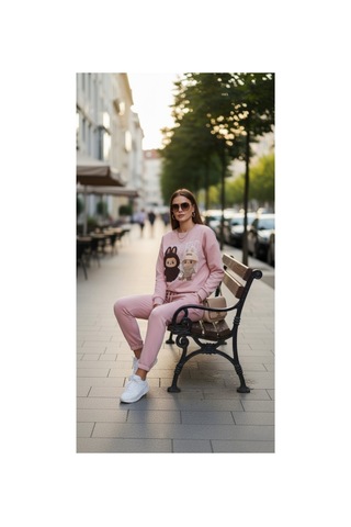 The Kadın Soft Touch Ayıcık Desenli %100 Pamuk Sweatshirt - Casual Fit- Krem/pembe Pembe