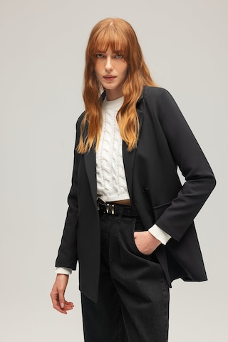 Sââde Kadın Tek Düğmeli Dokuma Kruvaze Blazer Ceket - Kuşaklı Siyah