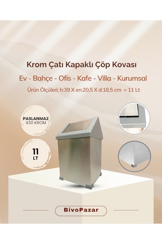 Krom Sallanır Çatı Kapaklı Çöp Kovası 11 Lt