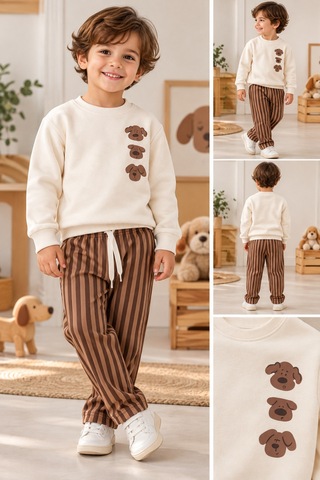 Uğur Bebe Erkek Çocuk 2 Li Takım %100 Pamuk 3 İplik Şardonsuz Köpek Baskılı Ekru Renk Sweatshirt Ve Çizgili Kahverengi Pantolon Şık Günlük Kombin Ekru Kahverengi Ekru Kahverengi