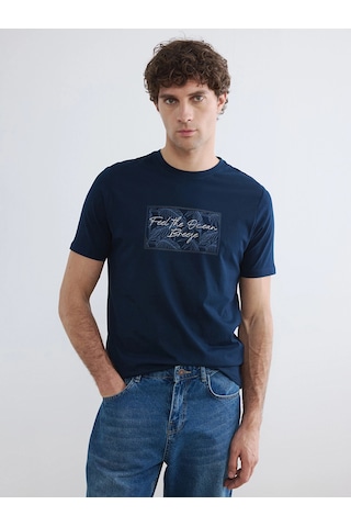 LC Waikiki Lcwaıkıkı Classic Lacivert Bisiklet Yaka Baskılı Penye Erkek Tişört New Navy