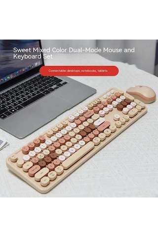 Renkli Daktilo Tarzı Vintage Mekanik Klavye Mouse Pc Laptop Uyumlu Kablosuz