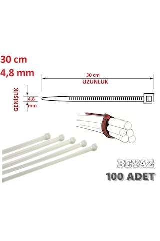 100 Adet 30cmx4,8mm Beyaz Plastik Cırt Kelepçe Kablo Bağı