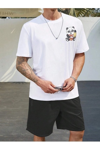 Panda Kung Fu T-shirt Şort - Beyaz Siyah Alt Üst Takım Şort Tişört Kombin Baskılı Bisiklet Yaka Beyaz Siyah