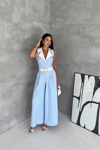 Neşeli Butik Kadın Bebe Mavi Çift Renkli Kemerli Şerit Detaylı Tam Boy Kolsuz Tulum Nbk087 Bebe Mavisi