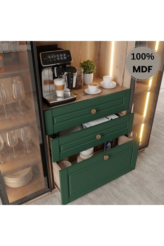 Afra Kahve Köşesi Dolabı %100 Mdf Temperli Cam Hazır Mutfak Dolabı Yeşil