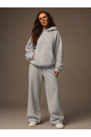 Macklin Unisex Kadın Erkek Baskısız Sweatshirt Oversize 3 İplik Kapüşonlu Hoodie Ve Baggy Eşofman Altı Dumangrii