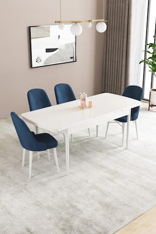 Familieconcept Almira Serisi, Beyaz 80x132 Açılabilir Mdf Mutfak Masası Takımı 4 Adet Sandalye Lacivert
