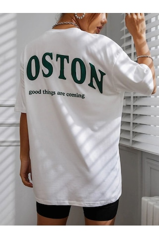 Kadın Beyaz Oversiz Boston Baskılı Örme T-shirt Beyaz-58930