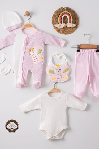 Cojans Kelebek Nakışlı Puanlı Tulumlu % 100 Pamuk Kız Bebek 5'li Set Çok Renkli