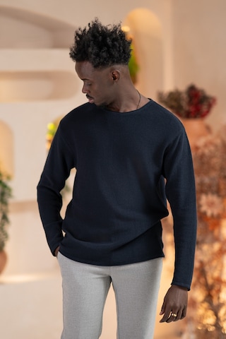 Regular Fit Likralı Kendinden Çizgili Mevsimlik Spor Kazak Lacivert