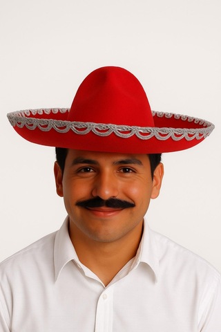 Meksika Mariachi Latin Şapkası Lüks 41cm Kırmızı Zemin Üstüne Gümüş Sim Kenarlıklı Parti Kostümü