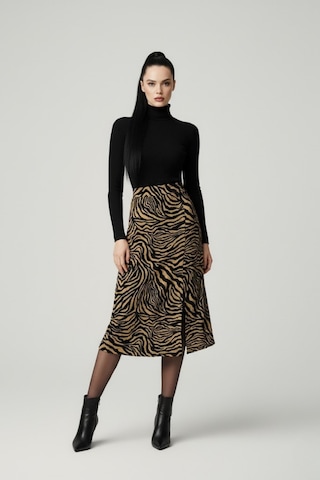 Kadın Yırtmaçlı Kahverengi Zebra Desen Midi Boy Etek Çok Renkli