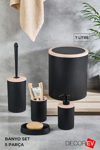 Decorev 5'li Banyo Seti Siyah Tuvalet Kova Wc Set Siyah