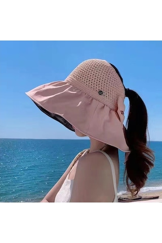 Bayanlar İçin Şık Siyah Tutkallı Boş Üst Güneşlikli Geniş Kenarlı Yüz Koruyucu Şapka Sarı