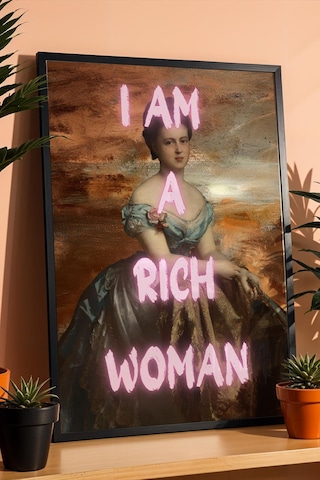 I Am A Rich Woman Çerçeveli Tablo Feminist Sanat Girl Boss Dekoru Klasik Portre Altered Art