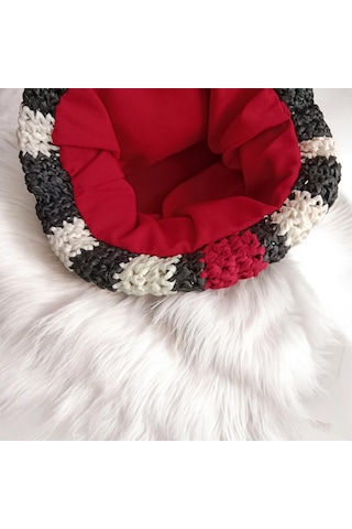 Kırmızı Siyah Beyaz Çizgili El Yapımı Clutch Çanta Rafya Örgü Kadın Makyaj & Gece Çantası Siyah-beyaz-kırmızı