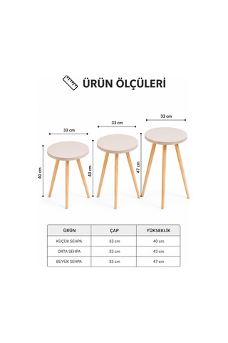 Zigon Sehpa Vizon 3'lü Ahşap Ayaklı Yuvarlak Modern Yan Sehpa Seti Bej Bej