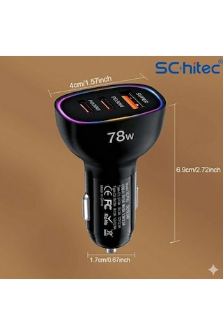 Schitec 78w 3 Portlu Araç Şarj Aleti Çift Type-c Pd 30w + Usb Qc 3.0 Hızlı Şarj Rgb Işıklı Hg/cc-10