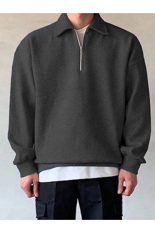 Genius Store Erkek Polo Yaka Oversize Yarım Fermuar Sweatshirt Füme