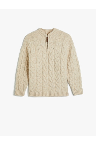 Koton Yarım Fermuarlı Saç Örgüsü Detaylı Uzun Kollu Kazak Bej 5wkb90004ht Ekru